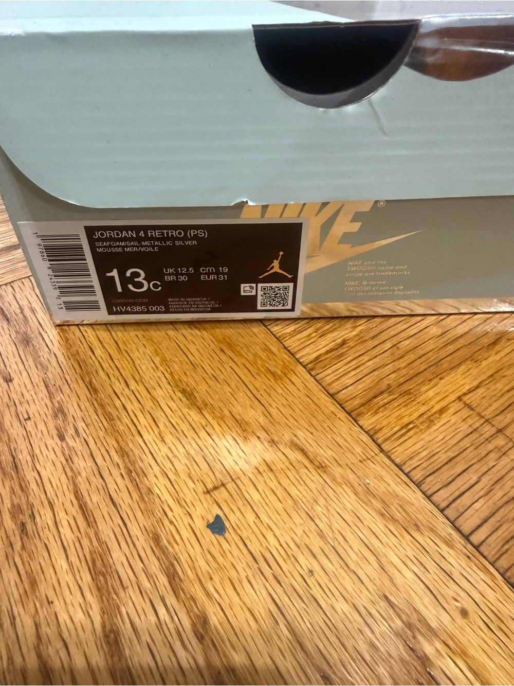 Jordan kids' sneaker interior label in light green and white